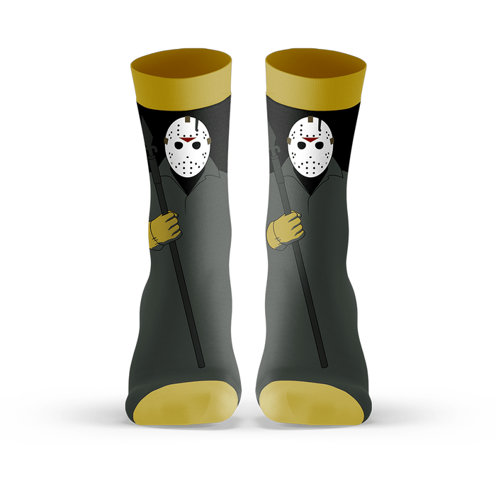 Pair of socks with graphic of Jason Voorhees from Friday the 13th Part 6: Jason Lives