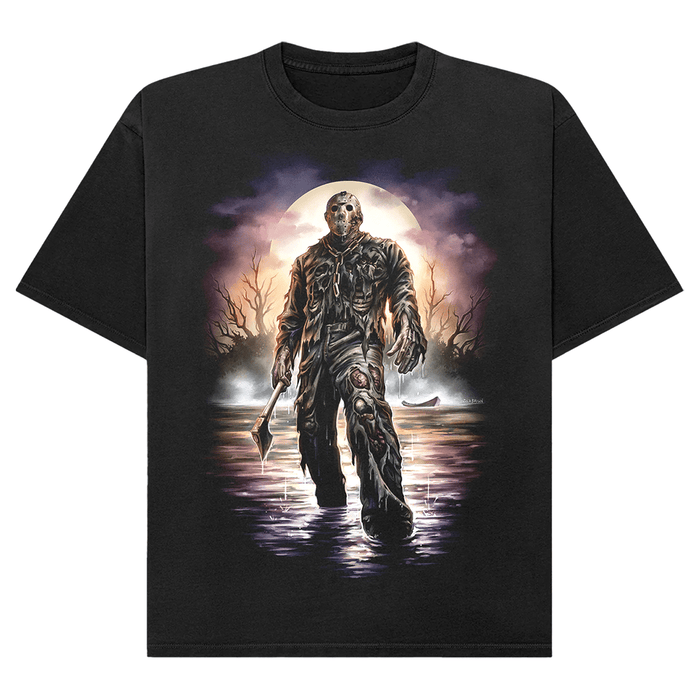 A black short-sleeve crewneck t-shirt featuring a large graphic print of Jason Voorhees standing in water under a full moon, shown against a plain white background.
