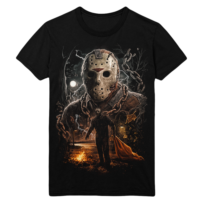 Black t-shirt with a graphic of Jason Voorhees from Friday the 13th Part VII: The New Beginning on a white background