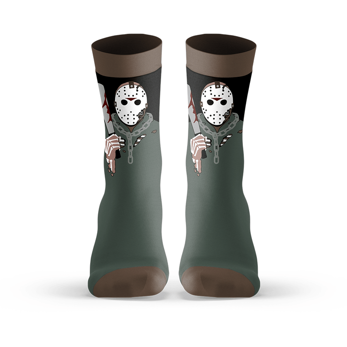 Pair of socks with graphic of Jason Voorhees from Friday the 13th Part 7: The New Blood
