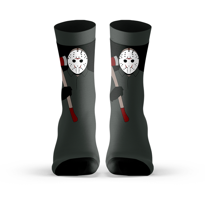 Pair of socks with graphic of Jason Voorhees from Friday the 13th Part 8: Jason Take Manhattan