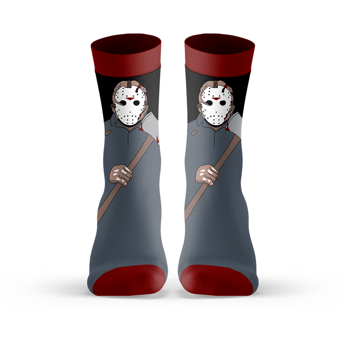 Pair of socks with graphic of Jason Voorhees from Jason Goes to Hell: The Final Friday