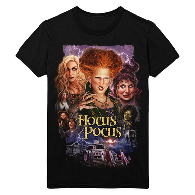 Black t-shirt with 'Hocus Pocus' movie graphic featuring three witches.