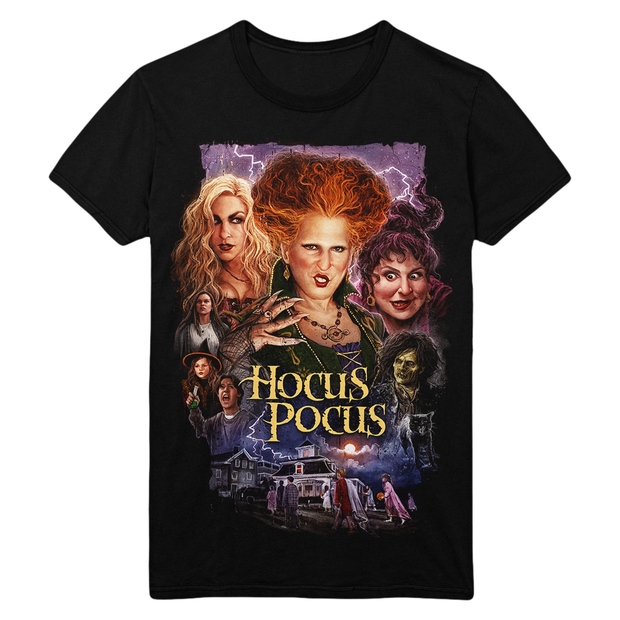 Black t-shirt with 'Hocus Pocus' movie graphic featuring three witches.