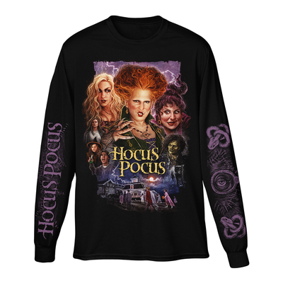 Black long-sleeve shirt with 'Hocus Pocus' movie design