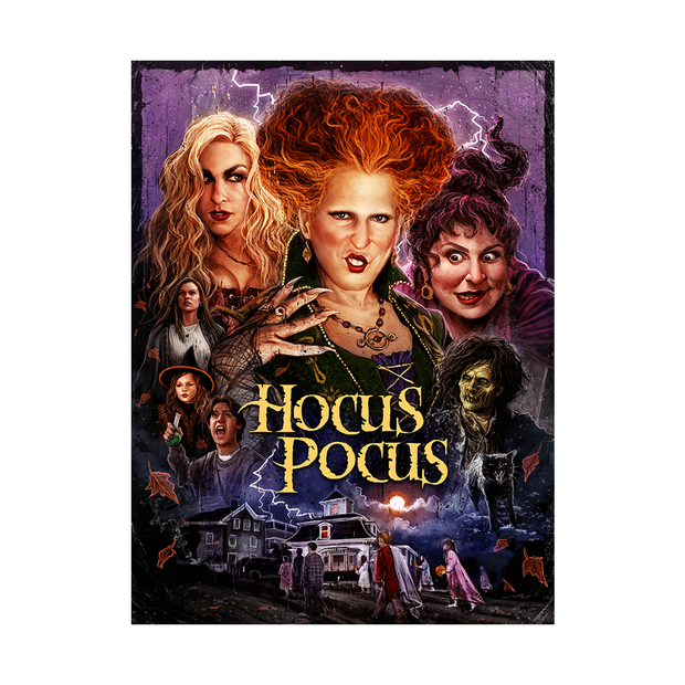 Movie poster for 'Hocus Pocus' featuring three witches and a small town.