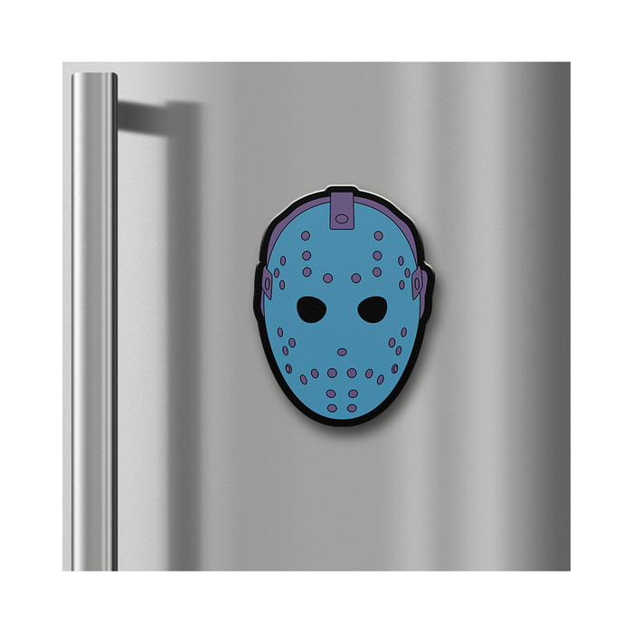 Retro Jason Voorhees mask magnet with black and purple details, shown attached to a stainless steel refrigerator door.