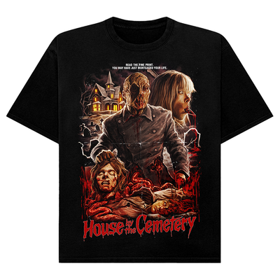 Black t-shirt with 'House of the Cemetery' graphic design featuring zombies and a haunted house.