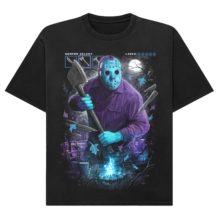 A black short-sleeve graphic t-shirt featuring a stylized print of Jason Voorhees in a purple shirt and hockey mask holding an axe, with a glowing campfire and UI elements at the top, shown on a plain white background.