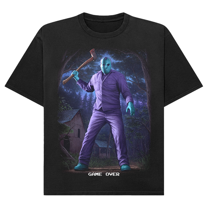 A black short-sleeve crewneck t-shirt featuring a graphic print of Jason Voorhees from Friday the 13th The Game holding an axe, with the text 'GAME OVER' printed below the graphic.