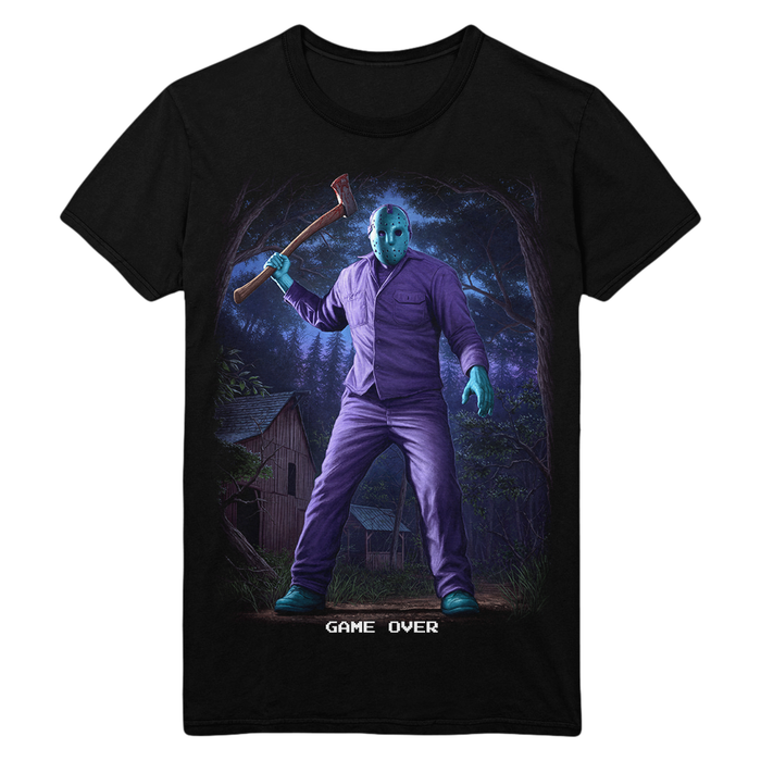 A black short-sleeve crewneck t-shirt featuring a graphic print of a blue-skinned character in a purple suit holding an axe, with the text 'GAME OVER' printed below the graphic.
