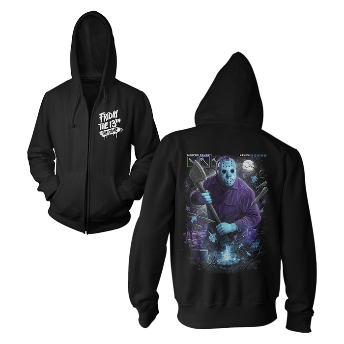 Black zip-up hoodie shown from the front and back. The front features a white distressed graphic reading 'FRIDAY THE 13th' on the left chest.