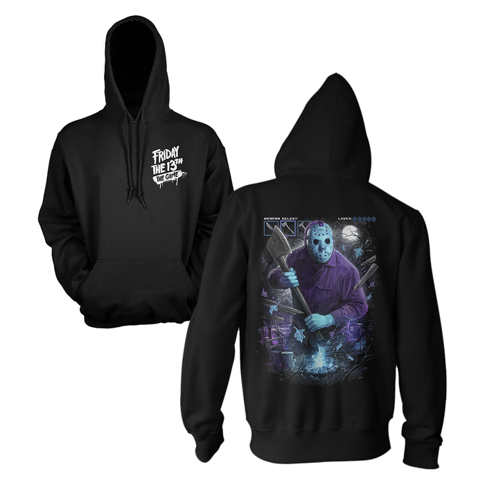 Black hoodie with 'FRIDAY THE 13TH' branding on front and back design.