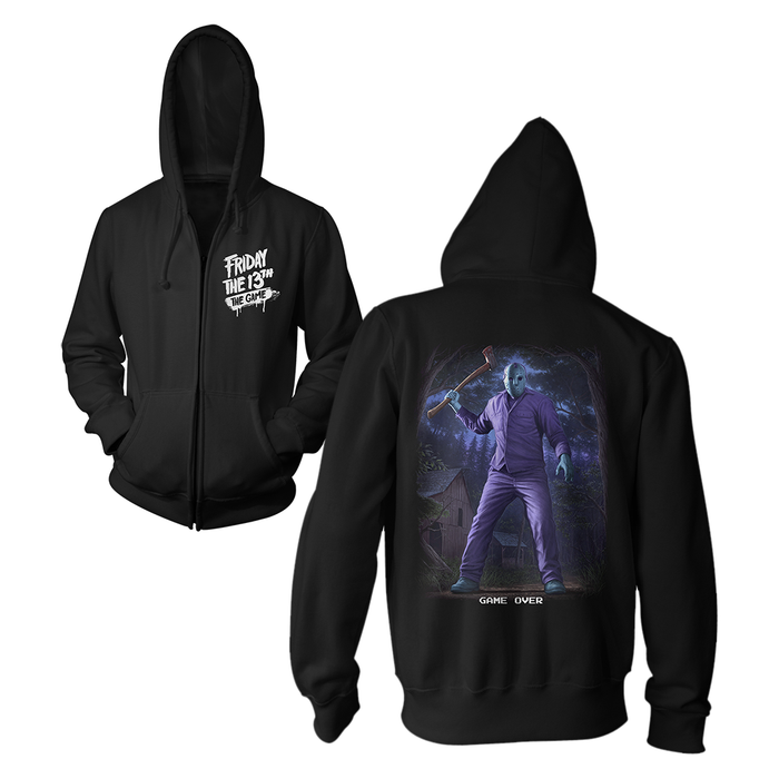 Black zip-up hoodie shown from both front and back on a white background. The front has a white 'Friday the 13th' logo on the left chest, and the back features a large graphic print of Jason Voorhees in a purple suit with a machete.