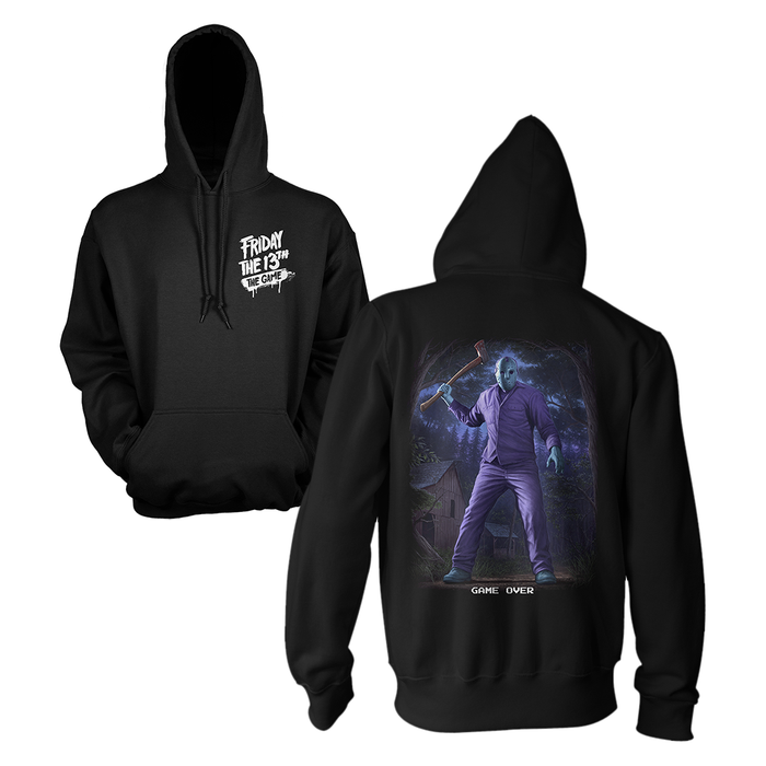 Black pullover hoodie shown from the front and back on a white background. The front has a white distressed graphic reading 'Friday the 13th' with 'Woods City' below.