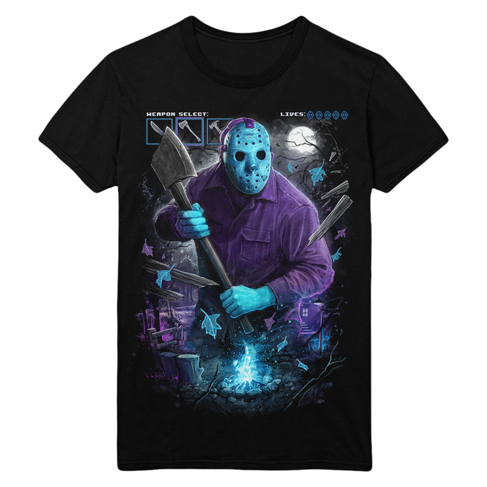 A black short-sleeve graphic t-shirt featuring a horror-themed print of Jason Voorhees in a purple shirt and hockey mask, holding an axe near a glowing campfire, on a plain white background.