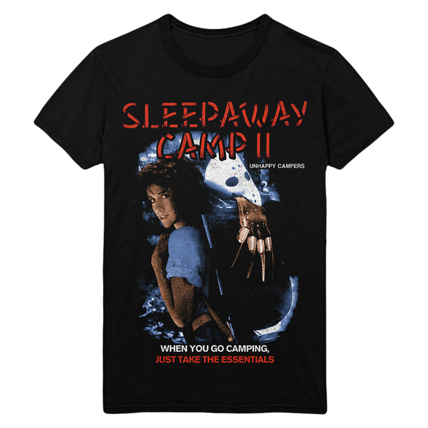 Black t-shirt with 'Sleepaway Camp II' graphic design featuring a the original poster artwork.