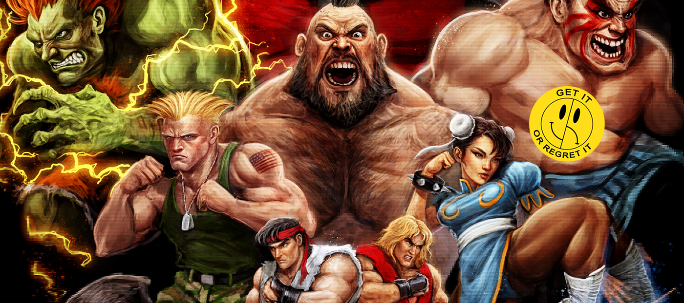 Illustrations of various characters from Street Fighter II 1991 video game with a 'Get It On Greed' sticker.
