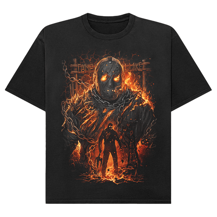 Black t-shirt with a graphic design of Jason Voorhees from Friday the 13th The Game on a white background