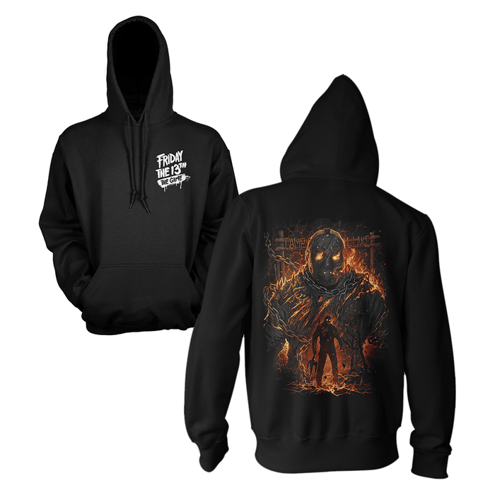 Black hoodie with a Jason Voorhees from Friday the 13th design on front and back