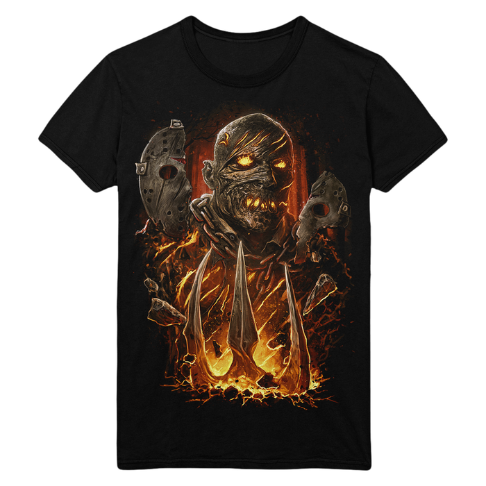 Black t-shirt with a graphic design of Savini Jason from Friday the 13th: The Game on a white background