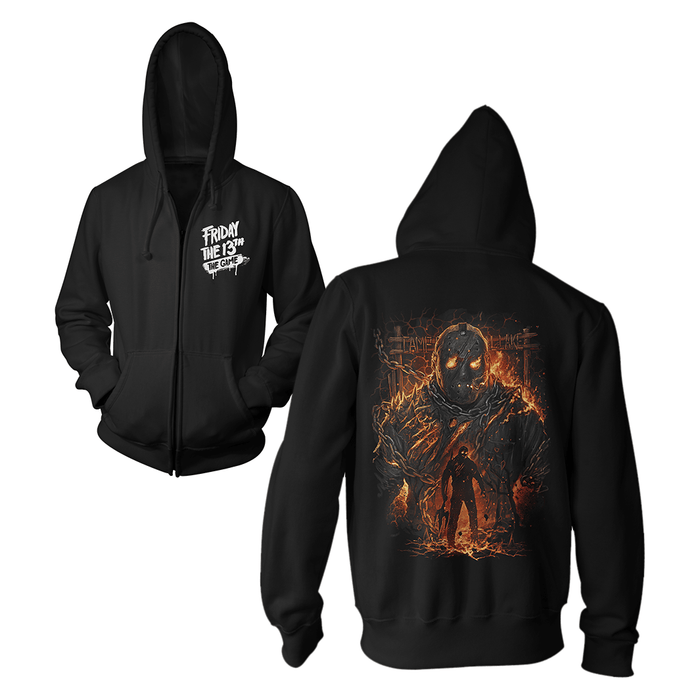 Black hoodie with a graphic design of Jason Voorhees from Friday the 13th on front and back prints on a white background