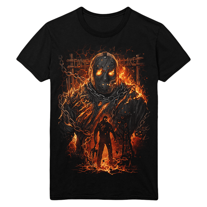 Black t-shirt with a graphic design og Jason Voorhees from Friday the 13th The Game on a white background