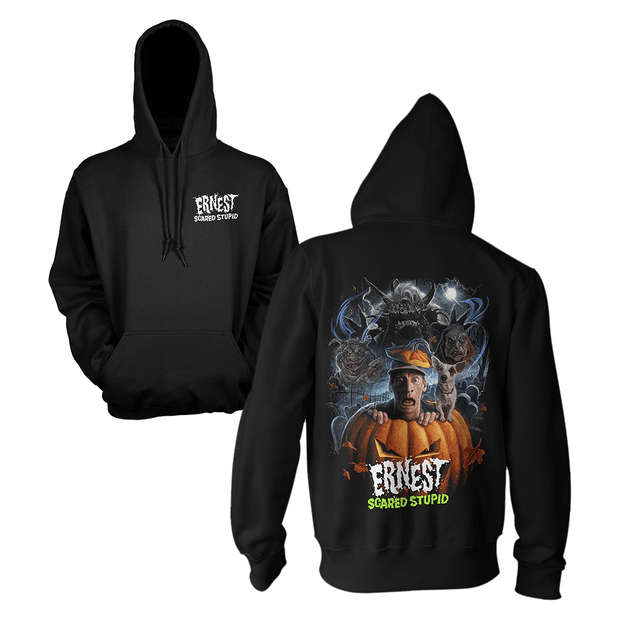 Black zip-up hoodie shown from both front and back. The front has a ...