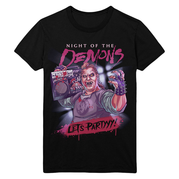 Black t-shirt with 'Night of the Demons' graphic design featuring a character holding a boombox.