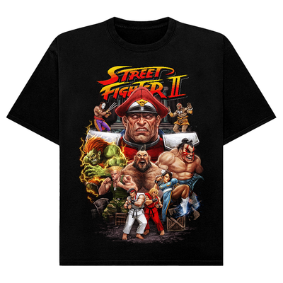 Black t-shirt with Street Fighter II graphic design featuring characters and logo.