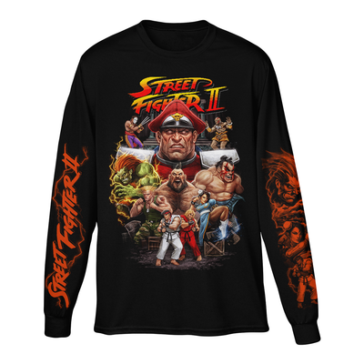 Black long-sleeve shirt with Street Fighter II graphic design featuring characters and logo.