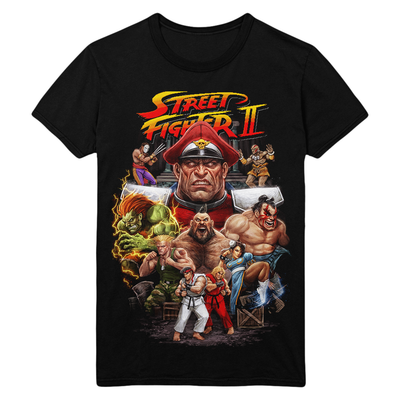 Black t-shirt with Street Fighter II graphic design featuring characters and logo.