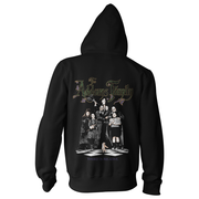 Black hoodie with 'Addams Family' design on front and back