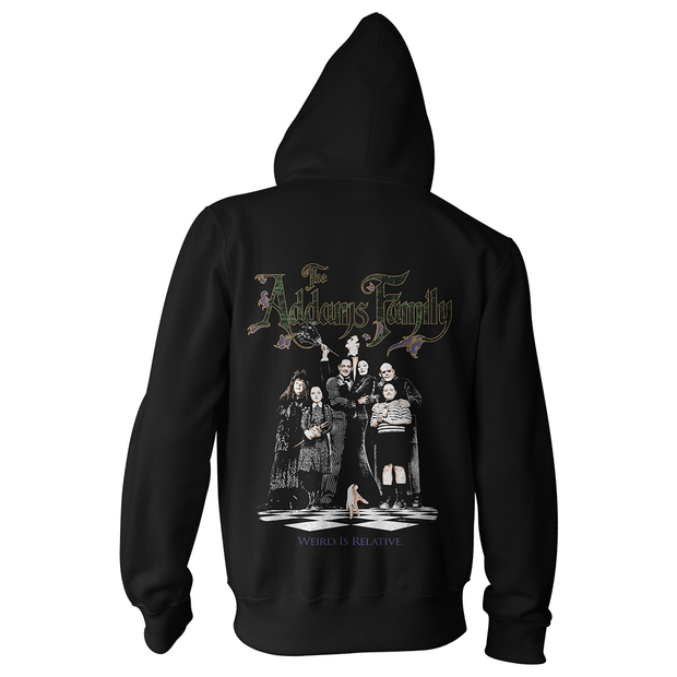 Black hoodie with 'Addams Family' design on front and back