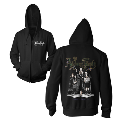 Black hoodie with 'Addams Family' design on front and back