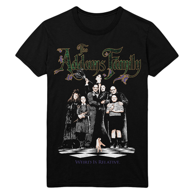Black t-shirt with 'The Addams Family' graphic featuring the Addams family members.
