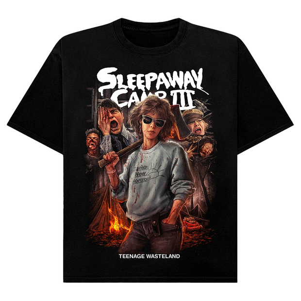Black t-shirt with 'Sleepaway Camp III' graphic design featuring a Angela Baker holding a axe and others in the background.