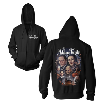 Black hoodie with 'Addams Family' design on front and back