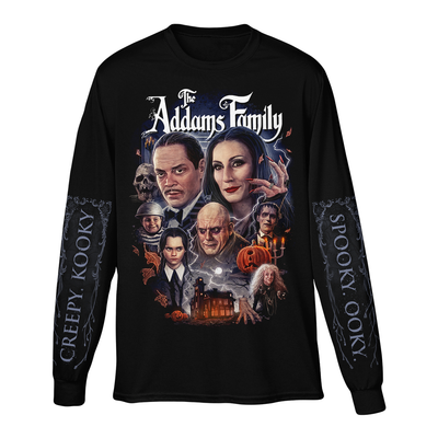 Black long-sleeve shirt with 'The Addams Family' graphic design