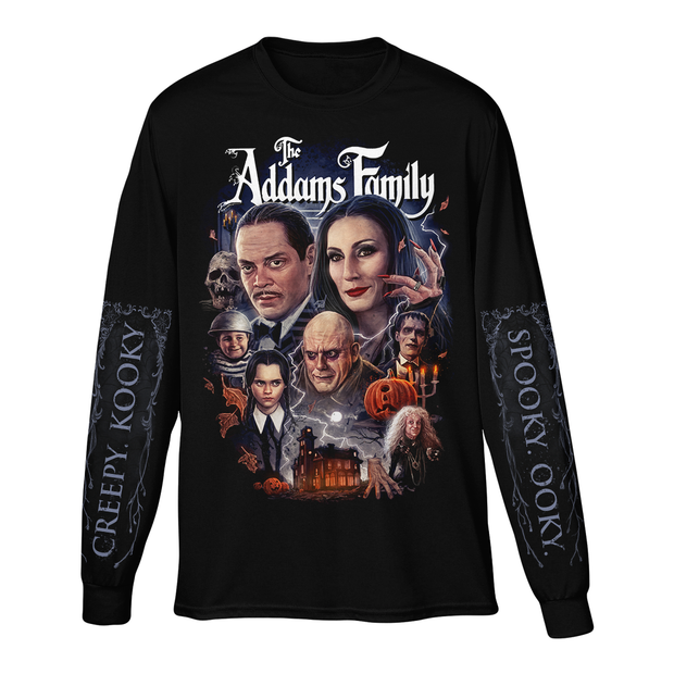 Black long-sleeve shirt with 'The Addams Family' graphic design