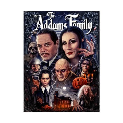 Poster of 'The Addams Family' with characters and Halloween elements.