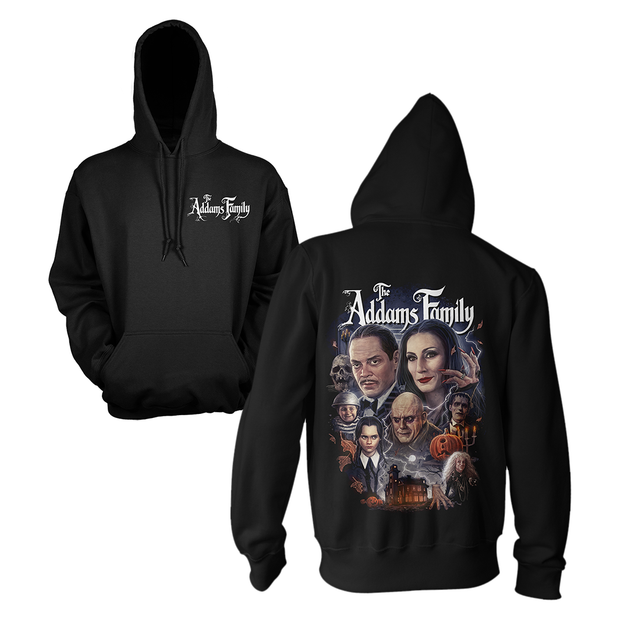Black hoodie with 'Addams Family' design on front and back