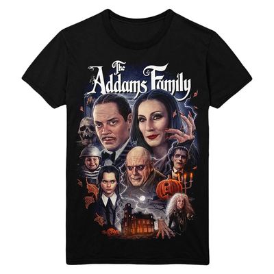 Black t-shirt with 'The Addams Family' graphic design featuring characters and pumpkins.
