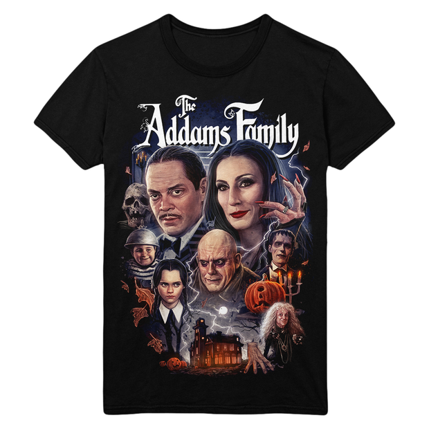 Black t-shirt with 'The Addams Family' graphic design featuring characters and pumpkins.