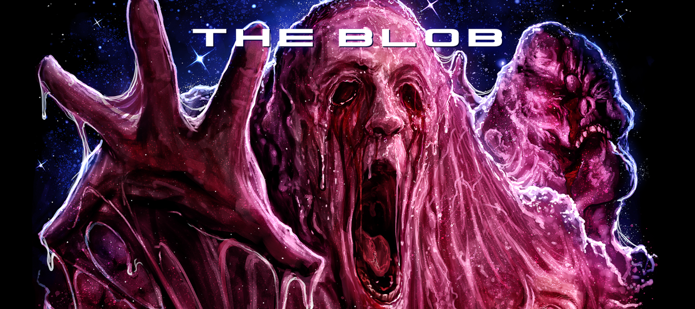 Illustration of 'The Blob' with a hand reaching out and a screaming face, set against a dark background.