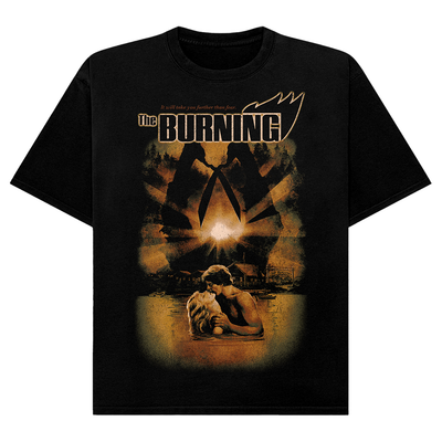 Black t-shirt with 'The Burning' graphic design 