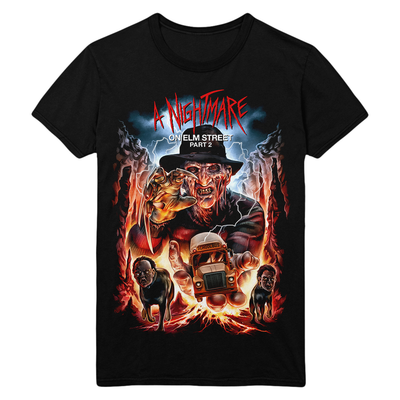 Black t-shirt with 'A Nightmare on Elm Street Part 2' graphic design featuring Freddy Krueger.
