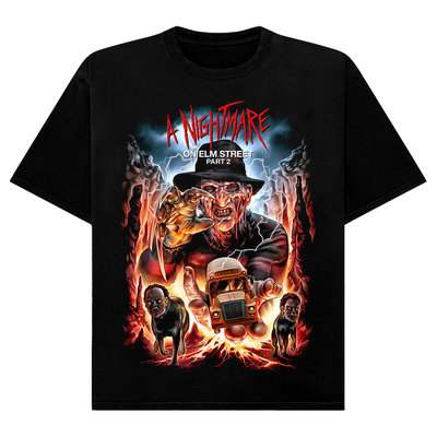 Black t-shirt with 'A Nightmare on Elm Street Part 2' graphic design featuring Freddy Krueger.
