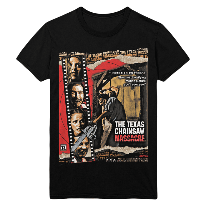Black t-shirt with 'The Texas Chainsaw Massacre' movie poster design on a white background