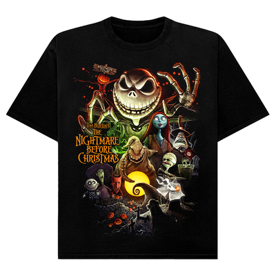 Black t-shirt with 'The Nightmare Before Christmas' graphic design featuring Jack Skellington and other characters.